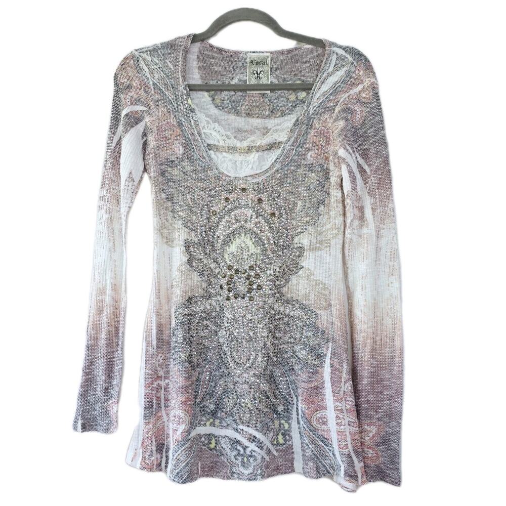 Vocal Women's S Tunic Top Knit Shark Bite Crystal Top Pink White Y2K Whimsy